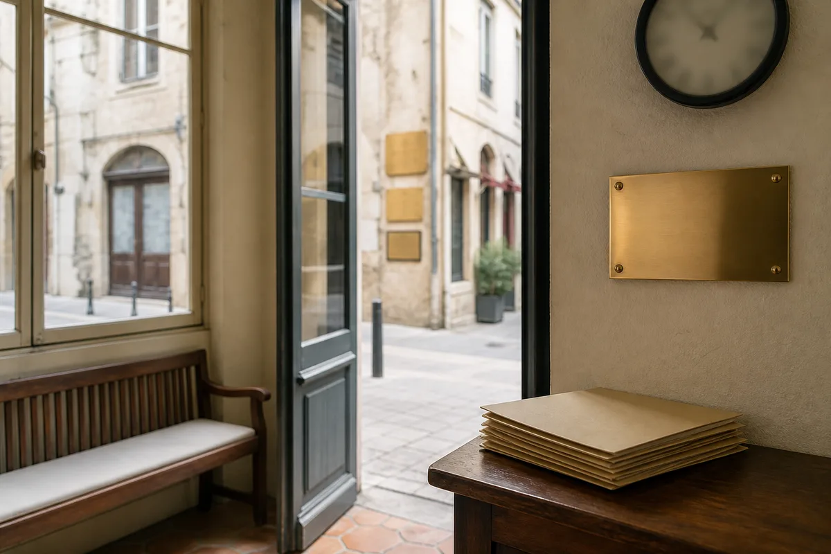 Rue commerçante d&rsquo;Aix-en-Provence avec plaques professionnelles sur une façade ancienne