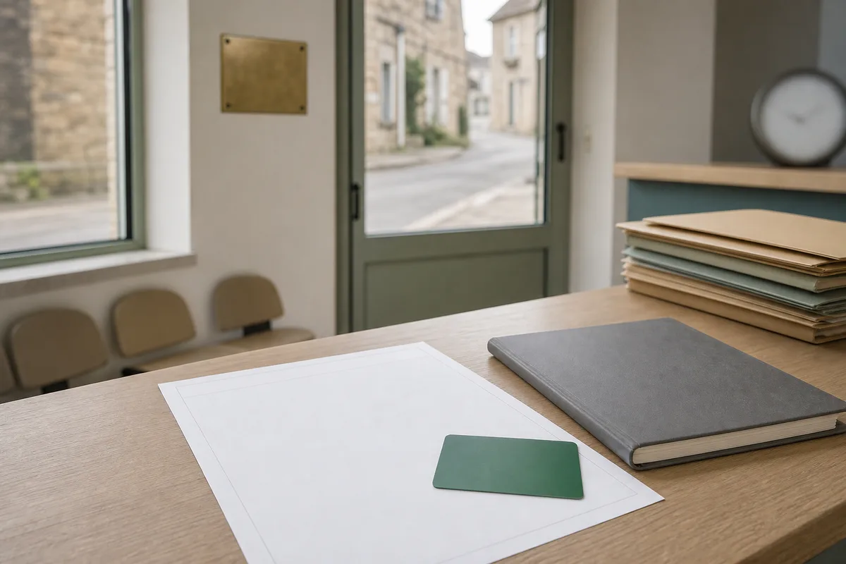 Feuille de soins et carte Vitale posées près d&rsquo;un carnet de rendez-vous médical