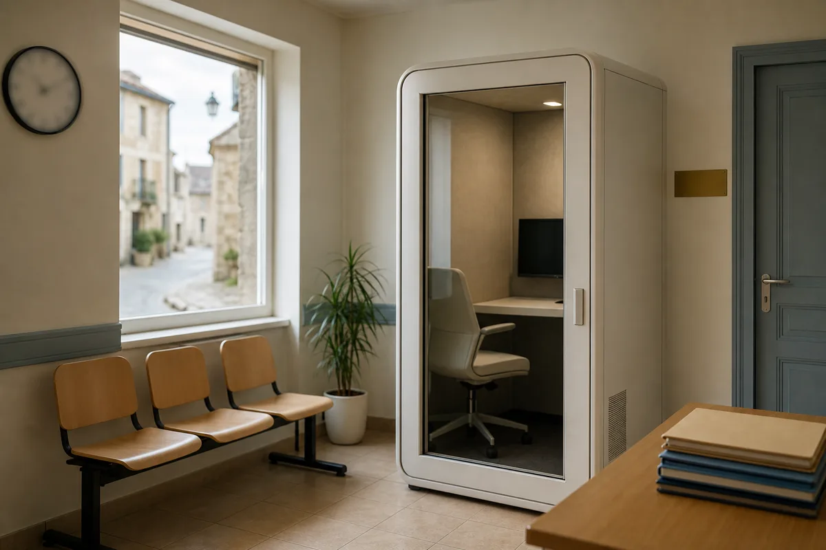 Cabine de téléconsultation installée dans un espace public en France